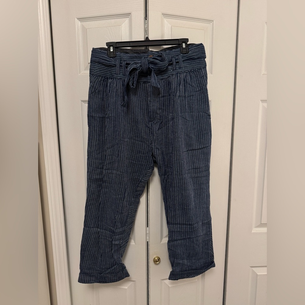 Free People navy & White Striped Linen Cropped Pants
